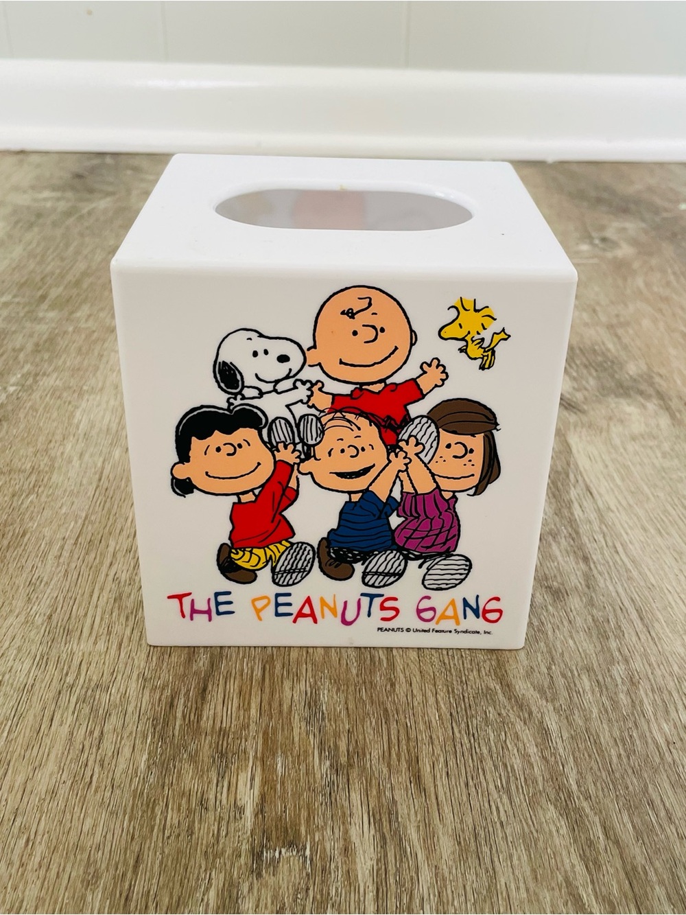 Peanuts White Tissue Box Cover with Colorful Character Artwork